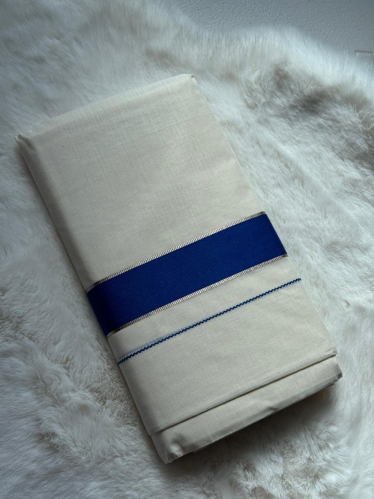 Premium Kerala Dhoti – Royal Blue Traditional Border