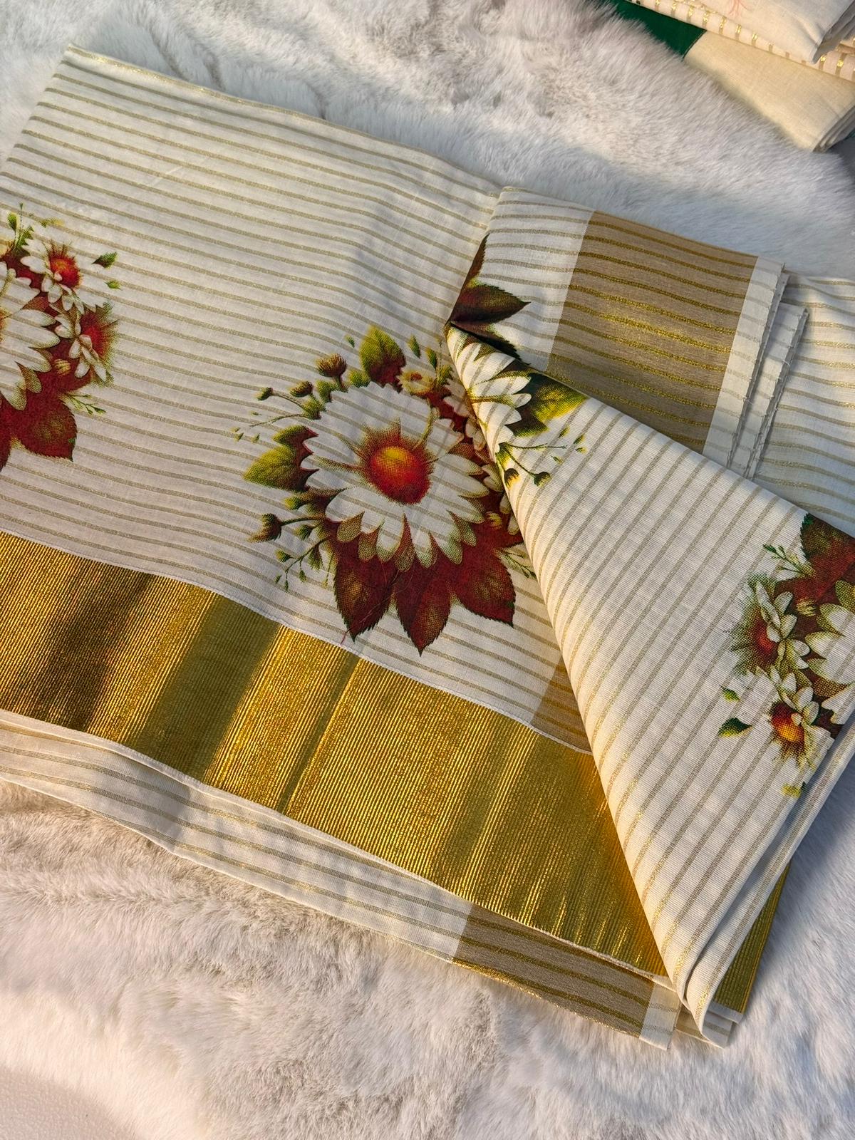 Elegant Lotus Print Kerala Kasavu Saree with Golden Border