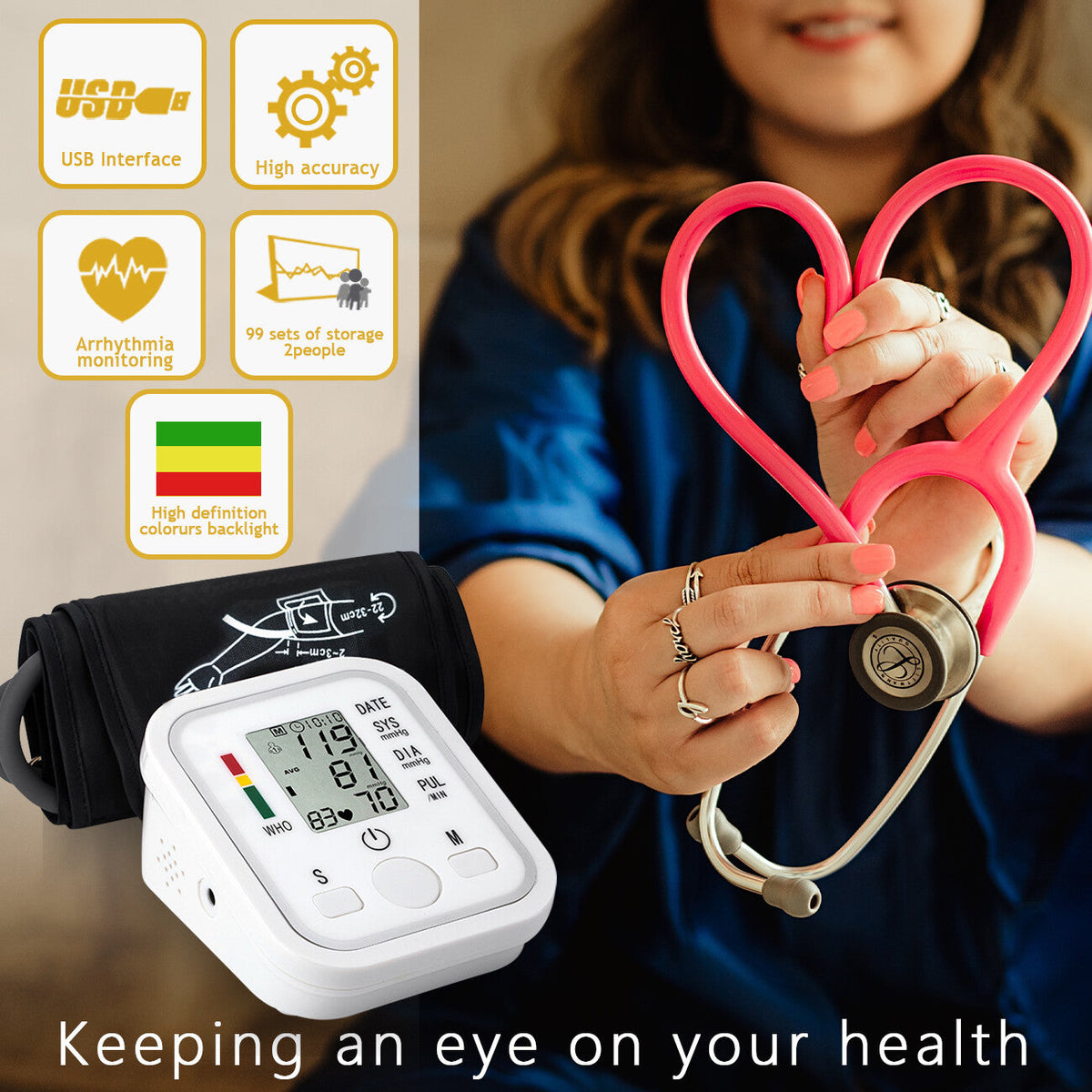Blood Pressure Monitor Automatic Voice Talking BP Machine Pulse Meter LCD Display