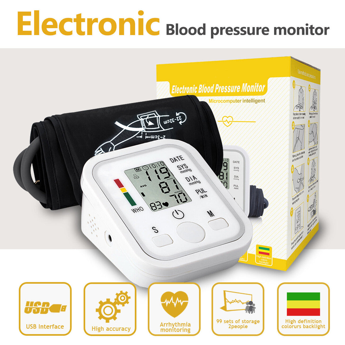 Blood Pressure Monitor Automatic Voice Talking BP Machine Pulse Meter LCD Display
