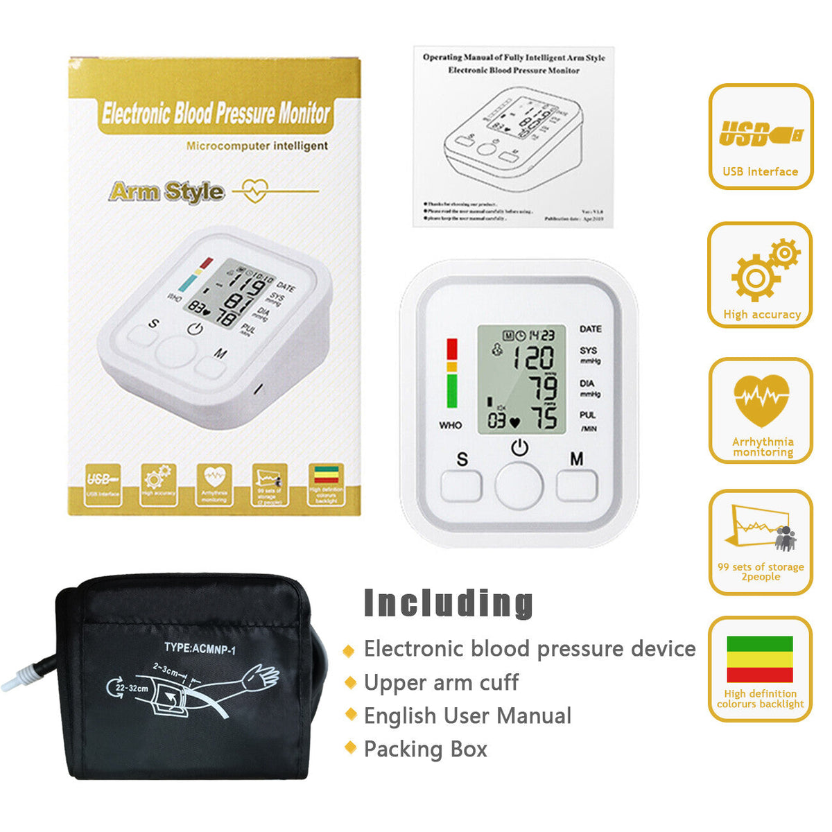 Blood Pressure Monitor Automatic Voice Talking BP Machine Pulse Meter LCD Display