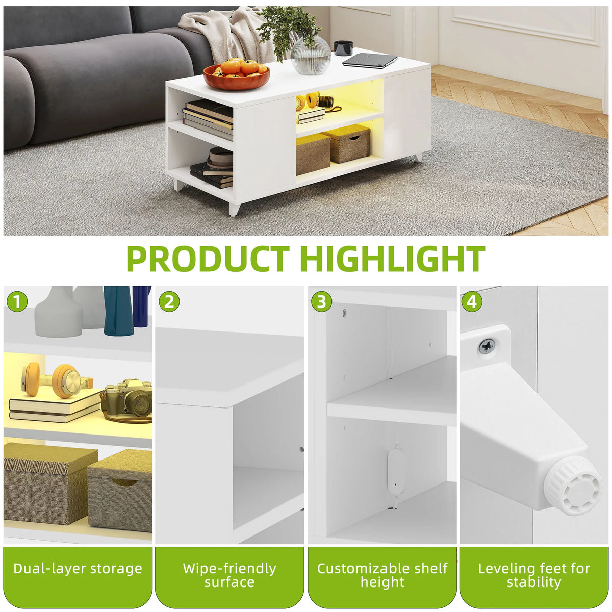 White High Gloss Coffee Table RGB LED Lights Adjustable Shelf Home Furniture