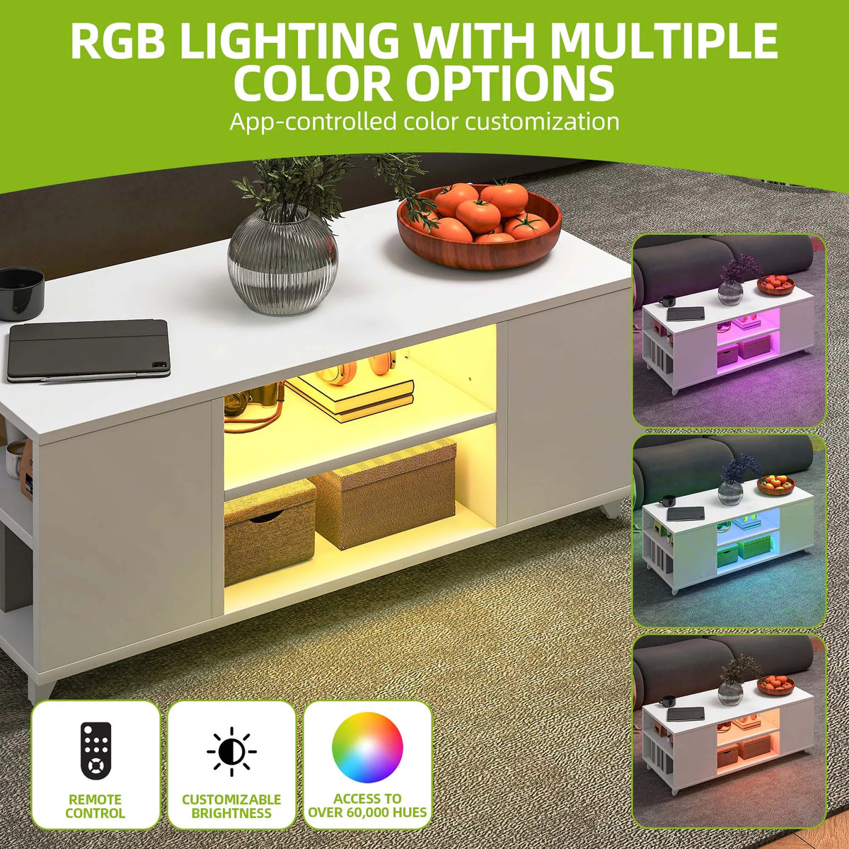 White High Gloss Coffee Table RGB LED Lights Adjustable Shelf Home Furniture