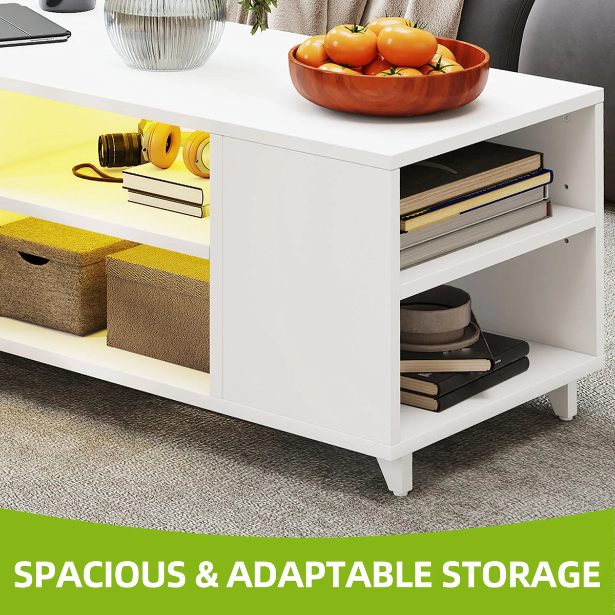 White High Gloss Coffee Table RGB LED Lights Adjustable Shelf Home Furniture