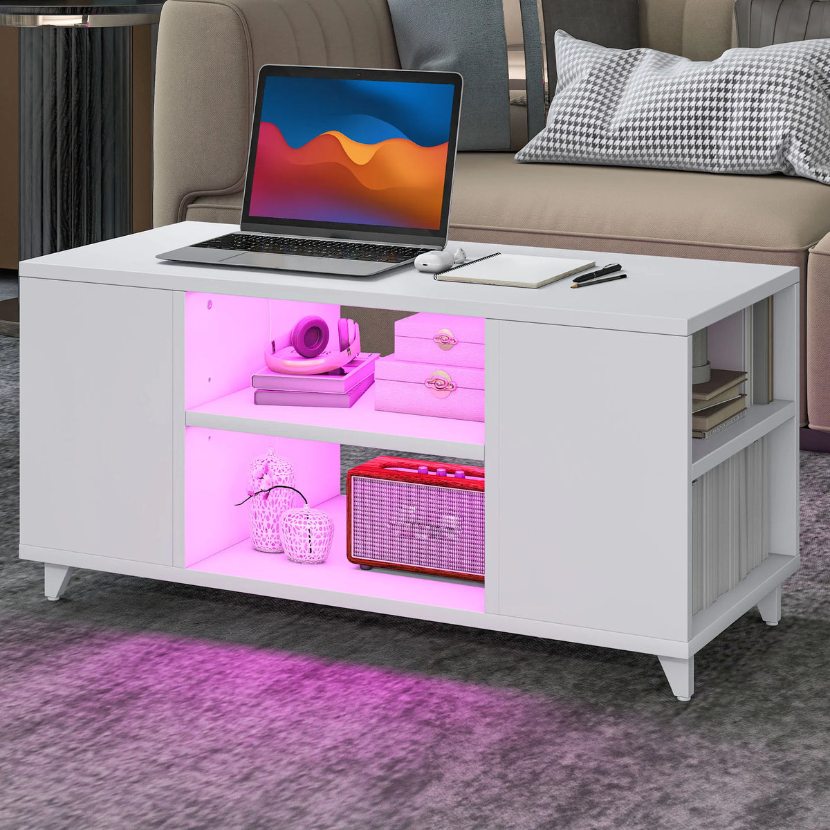 White High Gloss Coffee Table RGB LED Lights Adjustable Shelf Home Furniture