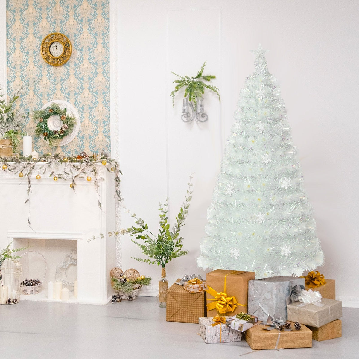 4/5/6 Feet Artificial Fiber Optic White Pre-lit Christmas Tree with Light-120 cm