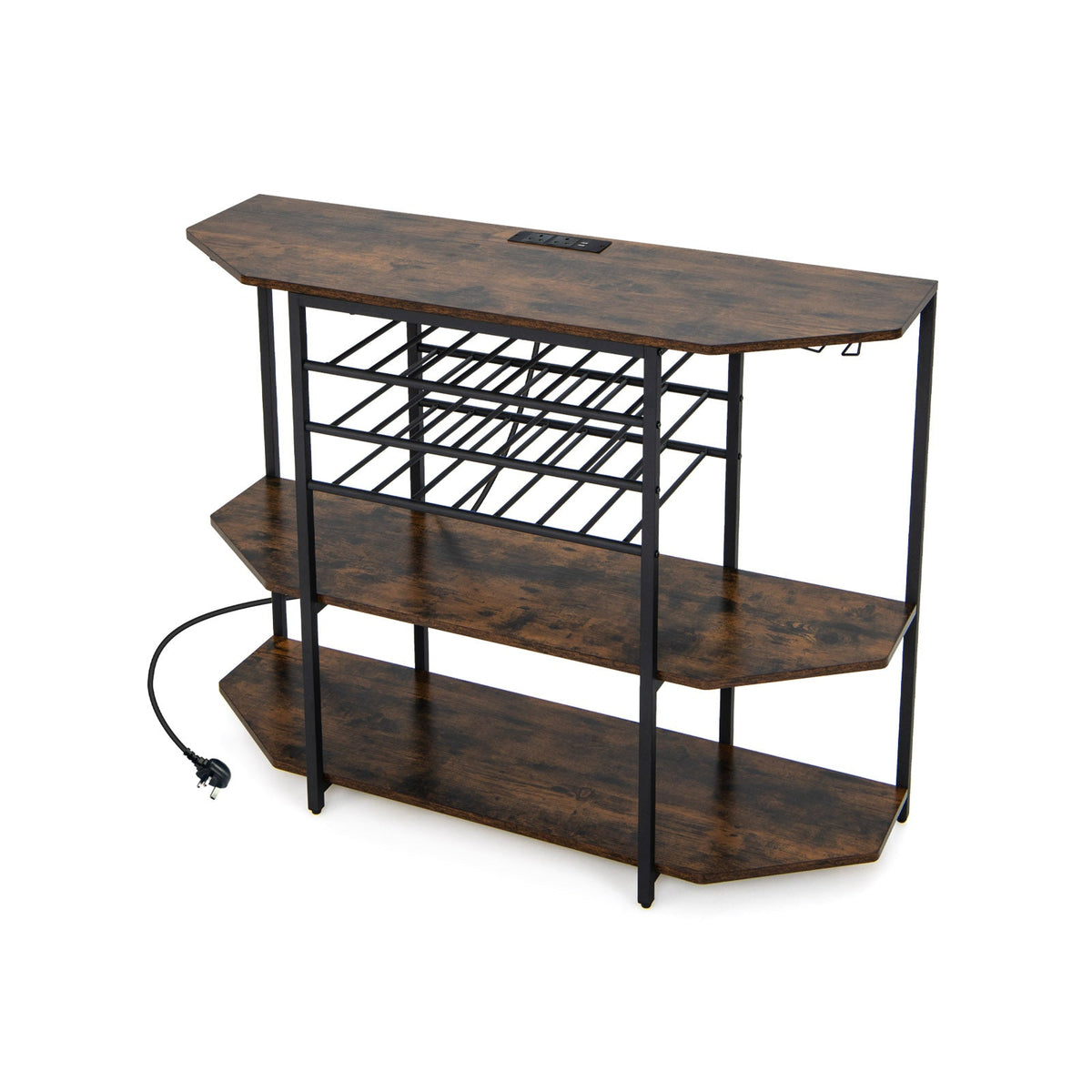 Wine Bar Cabinet 3-Tier Wine Rack with Shelves and Glass Holders-Grey