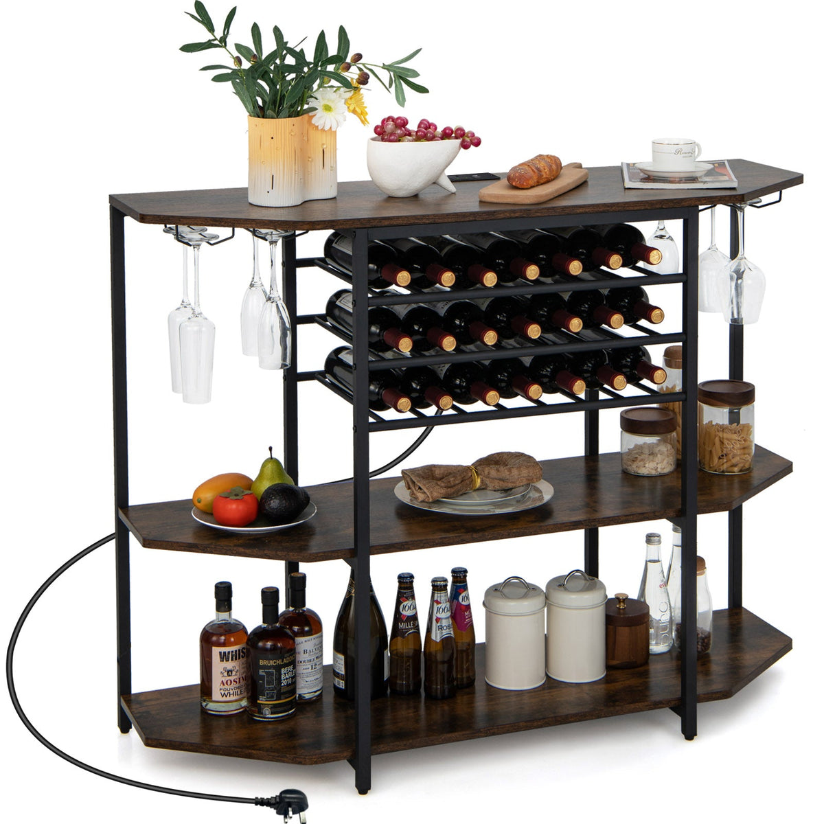 Wine Bar Cabinet 3-Tier Wine Rack with Shelves and Glass Holders-Grey