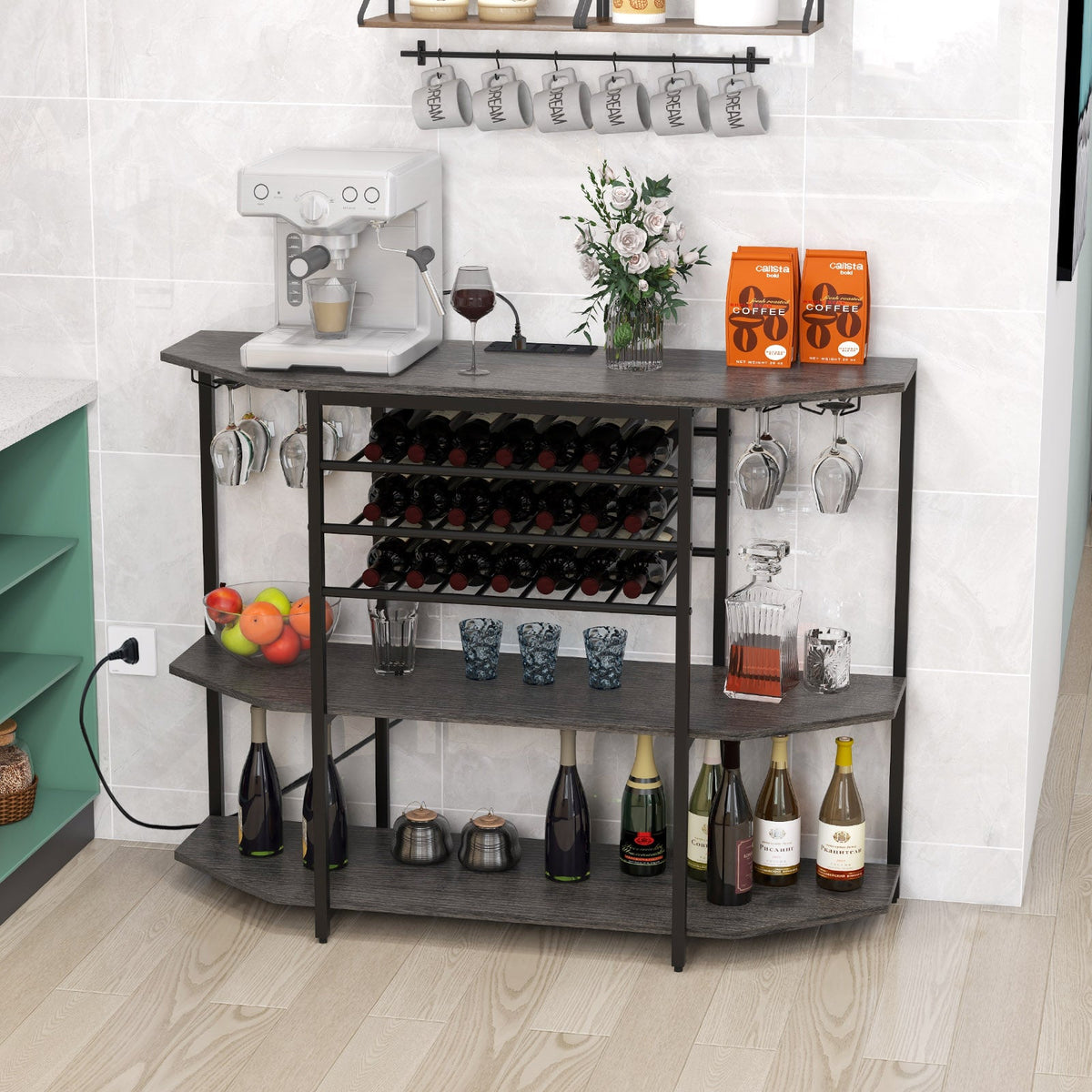 Wine Bar Cabinet 3-Tier Wine Rack with Shelves and Glass Holders-Grey