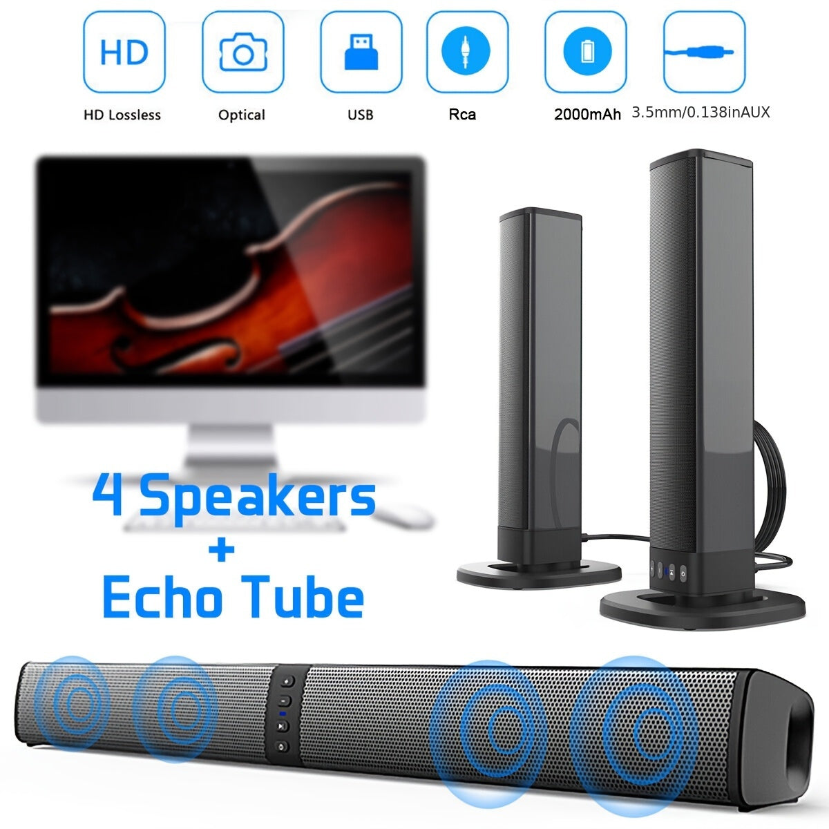 Wireless Soundbar with 3D Surround Sound - Home Theatre Audio System with USB Charging for TV, Movies, Gaming & Music