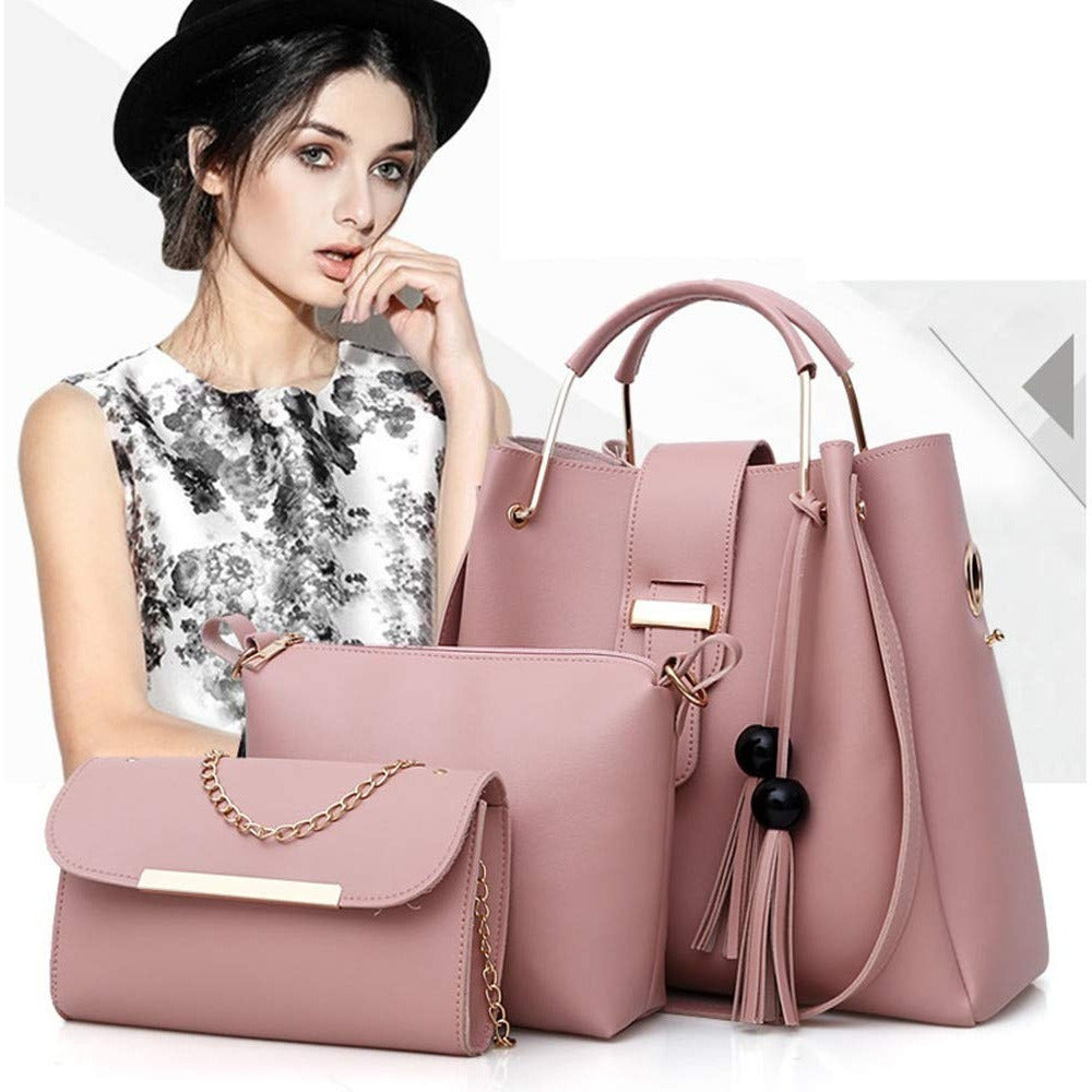 Women’s 3 Piece Handbag Purse Set Tote Shoulder Bag Clutch Tassel Top Handle