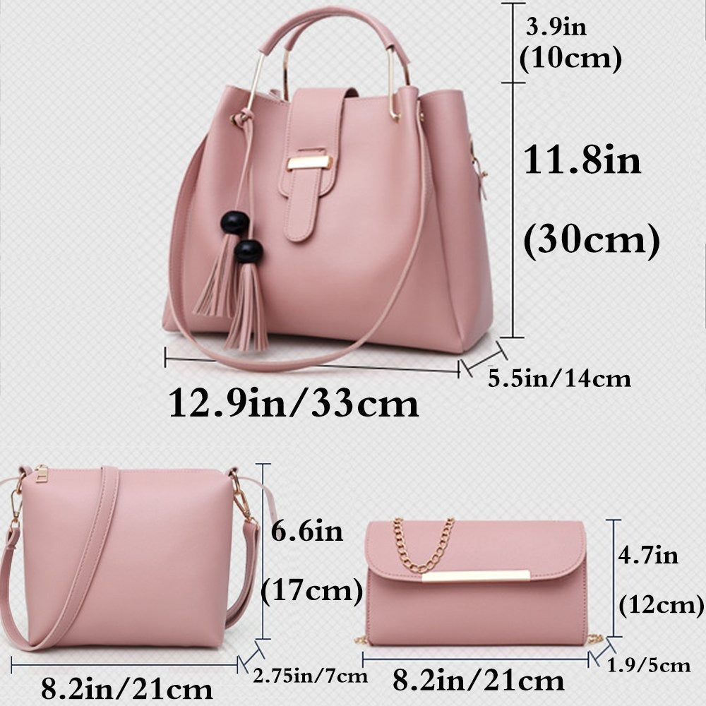 Women’s 3 Piece Handbag Purse Set Tote Shoulder Bag Clutch Tassel Top Handle