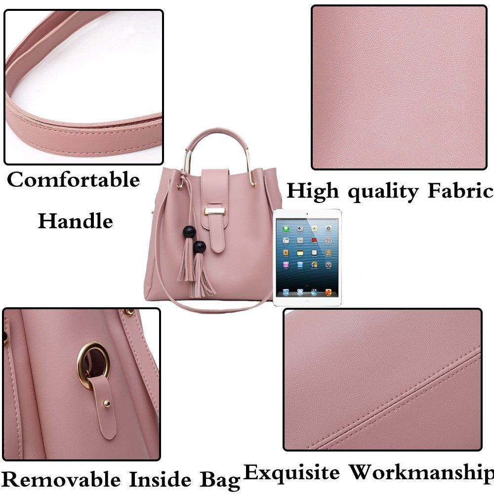 Women’s 3 Piece Handbag Purse Set Tote Shoulder Bag Clutch Tassel Top Handle
