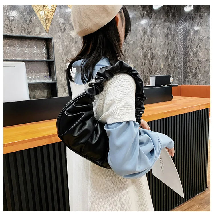 Fashion Pleated Handbag for Women, PU Cloud Shoulder Bag Modern Party Hand bag