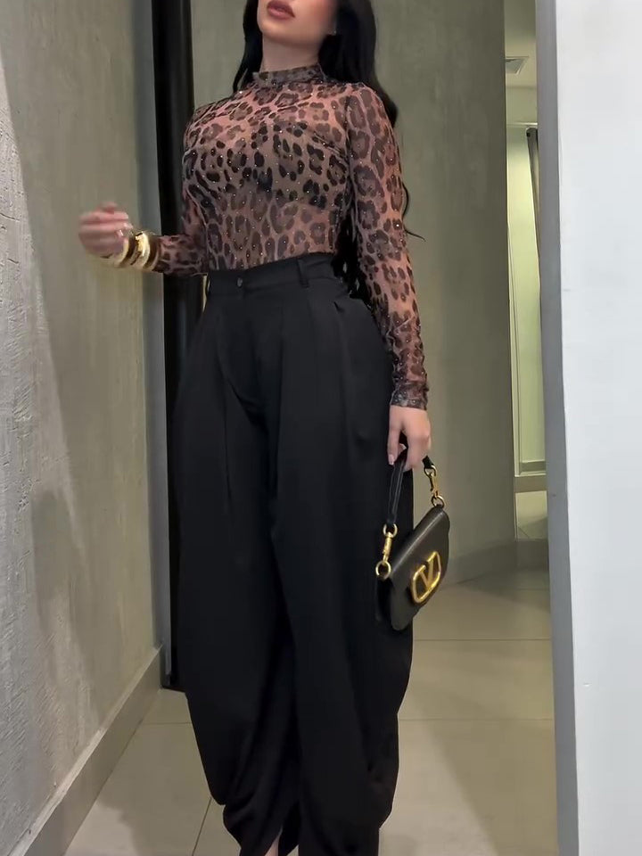 Women's Leopard Print High Neck Slim Fit Long Sleeve Fashion Top Blouse Modern