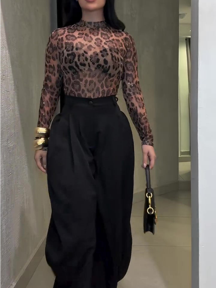 Women's Leopard Print High Neck Slim Fit Long Sleeve Fashion Top Blouse Modern