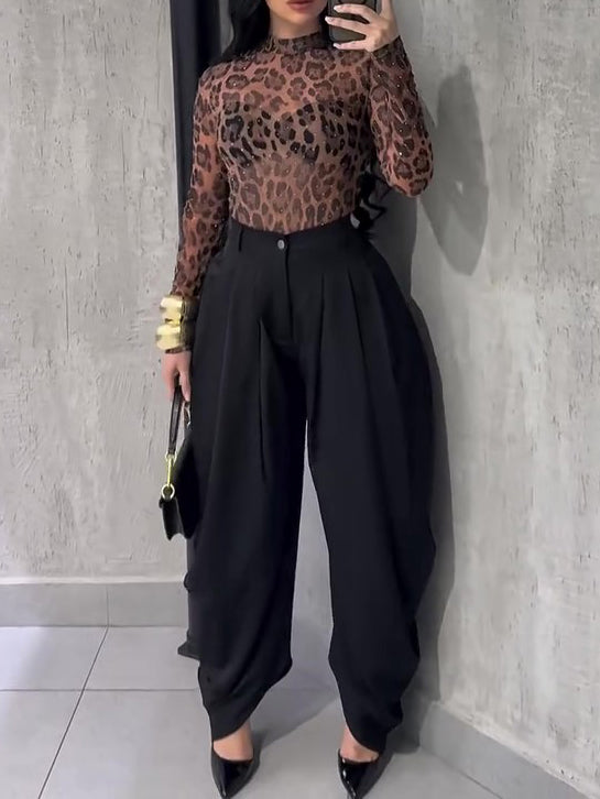 Women's Leopard Print High Neck Slim Fit Long Sleeve Fashion Top Blouse Modern