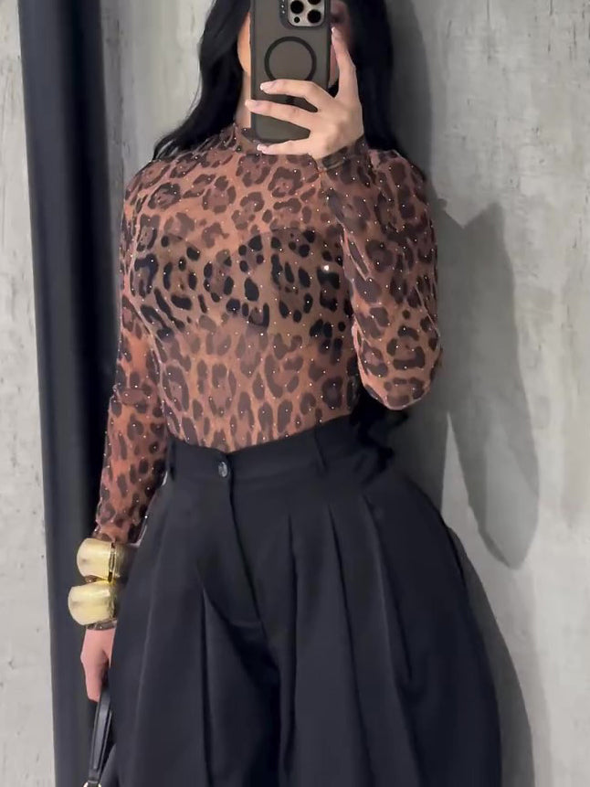 Women's Leopard Print High Neck Slim Fit Long Sleeve Fashion Top Blouse Modern