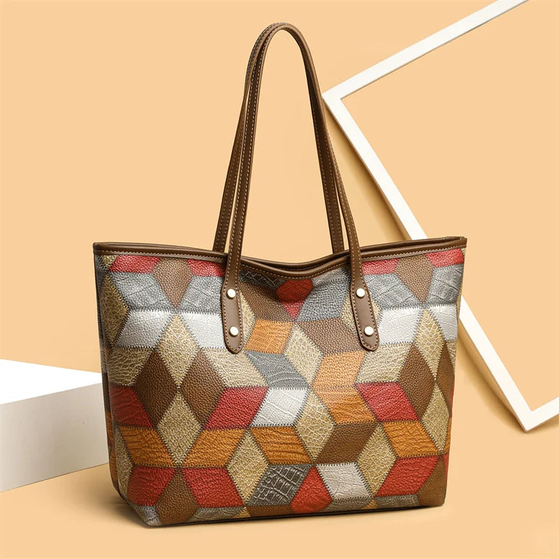 Women’s Patchwork Large Capacity Bag PU Leather Tote Shoulder Underarm Handbag