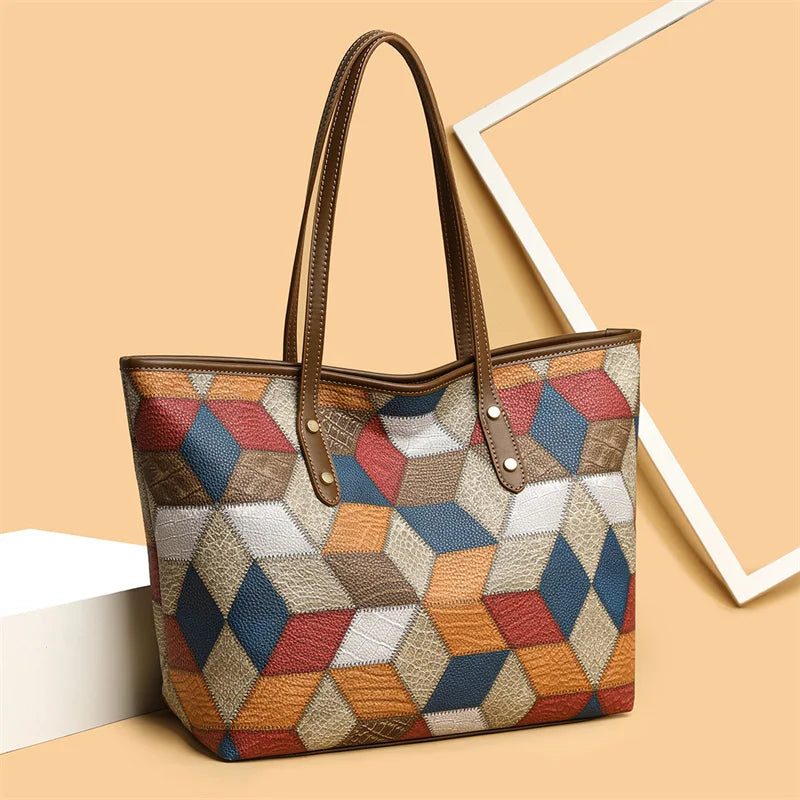Women’s Patchwork Large Capacity Bag PU Leather Tote Shoulder Underarm Handbag