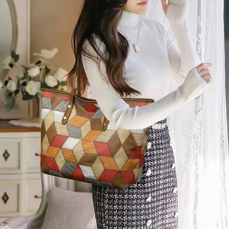 Women’s Patchwork Large Capacity Bag PU Leather Tote Shoulder Underarm Handbag
