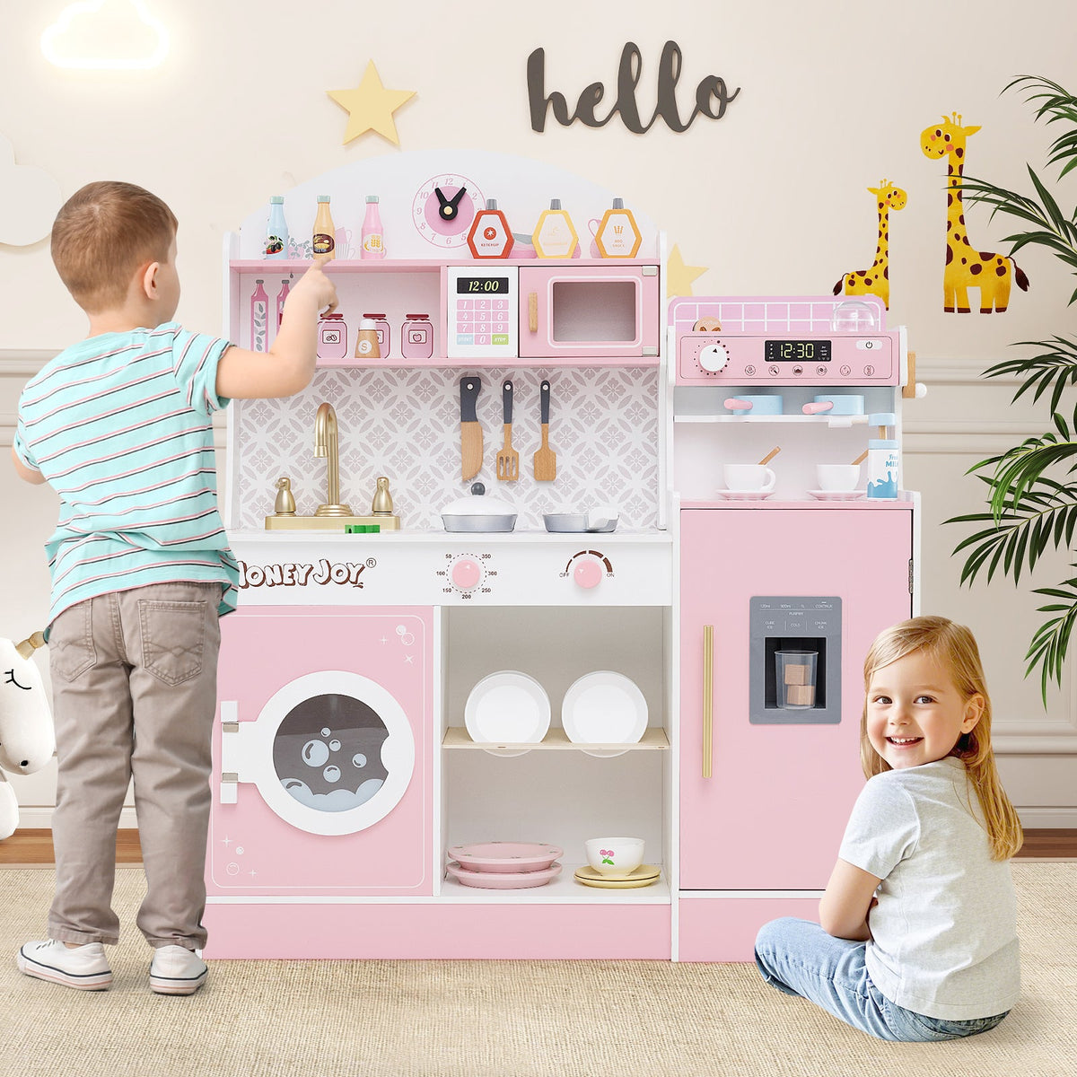 Wooden Kitchen Playset with Clock and Microwave-Brown