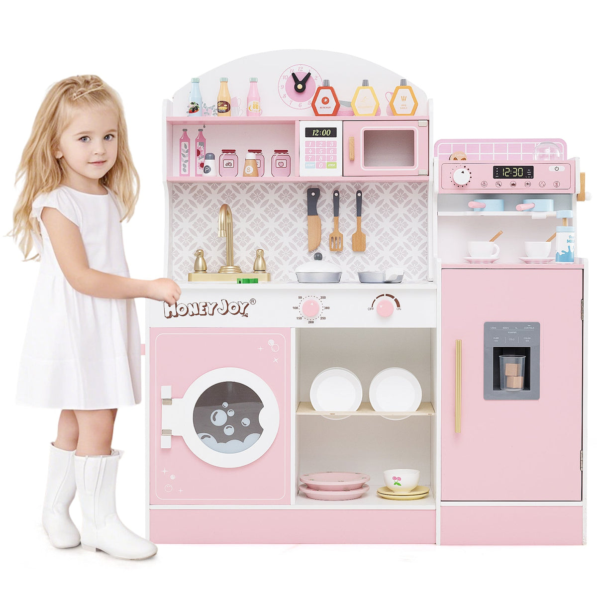 Wooden Kitchen Playset with Clock and Microwave-Brown