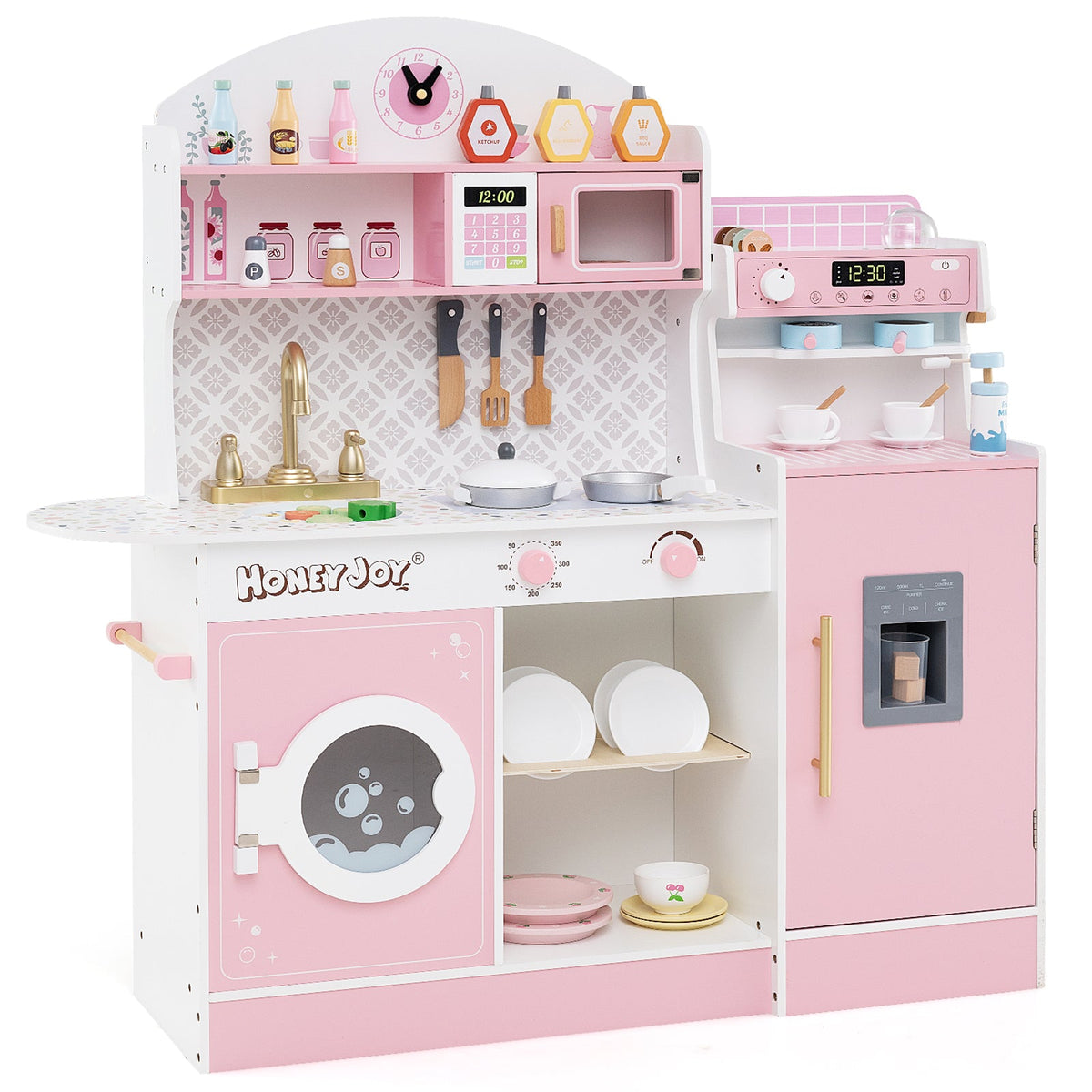 Wooden Kitchen Playset with Clock and Microwave-Brown