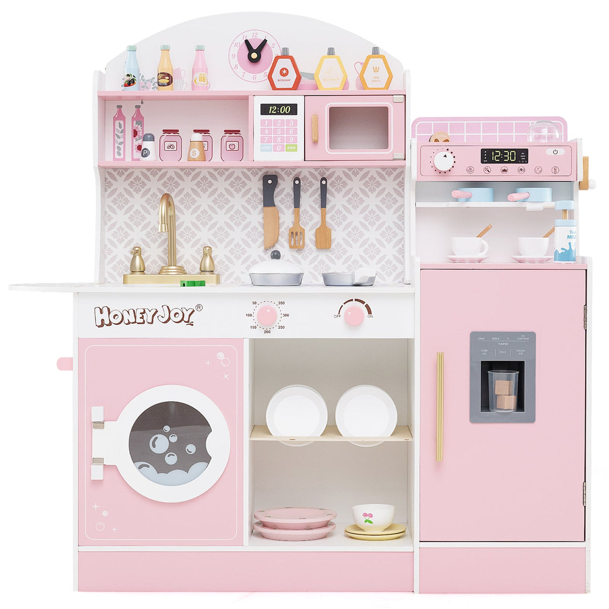 Wooden Kitchen Playset with Clock and Microwave-Brown