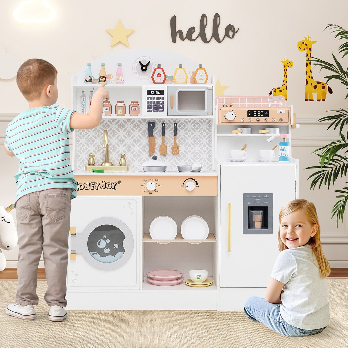 Wooden Kitchen Playset with Clock and Microwave-Brown