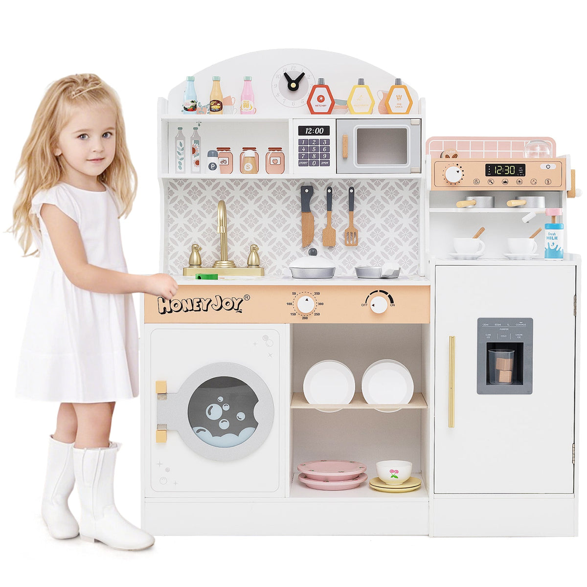 Wooden Kitchen Playset with Clock and Microwave-Brown