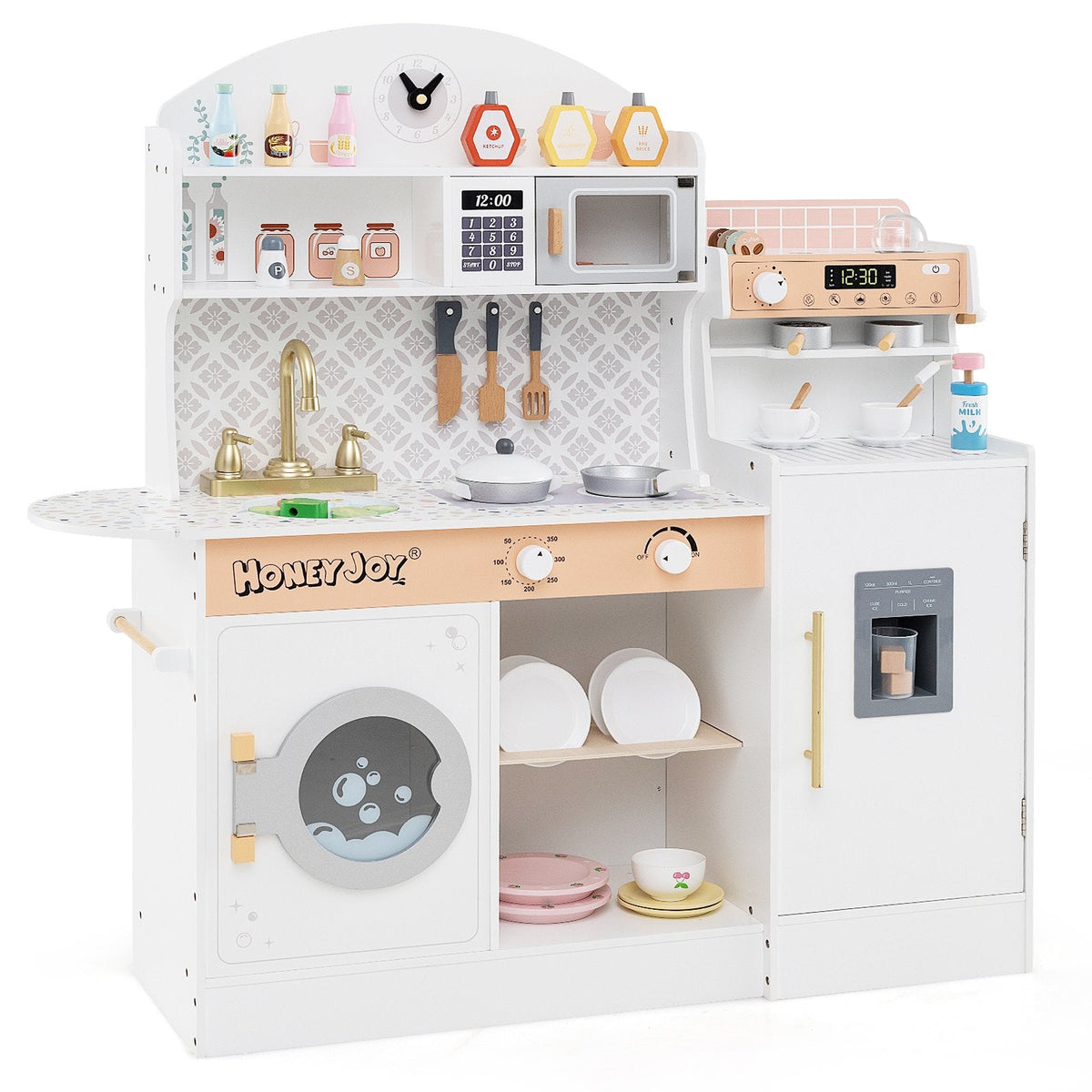 Wooden Kitchen Playset with Clock and Microwave-Brown
