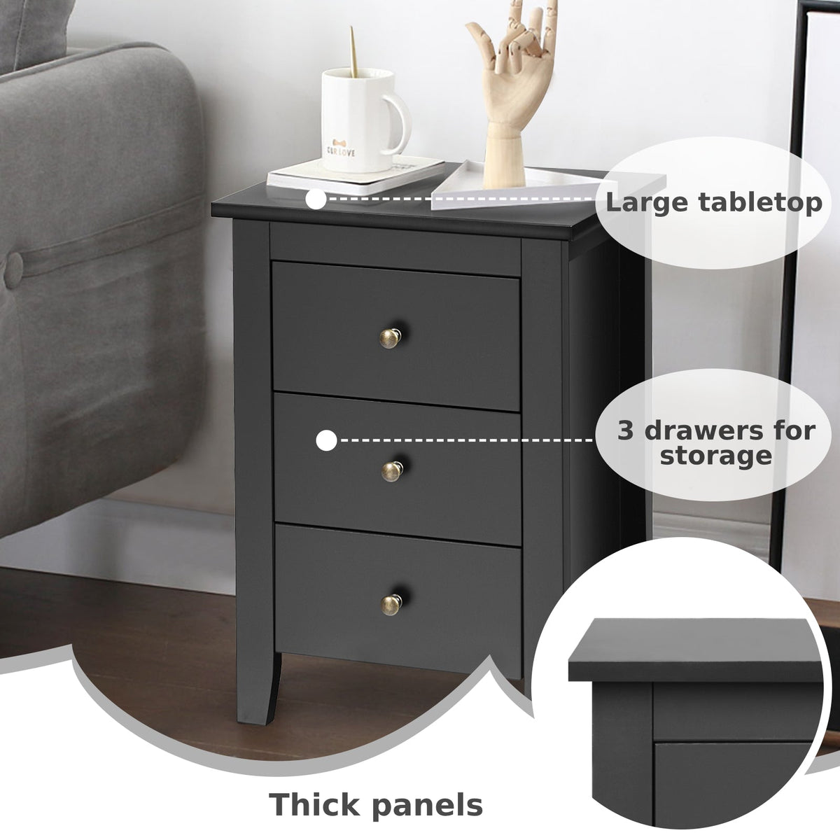 Wooden Nightstand with 3 Drawers and Stable Structure-Black