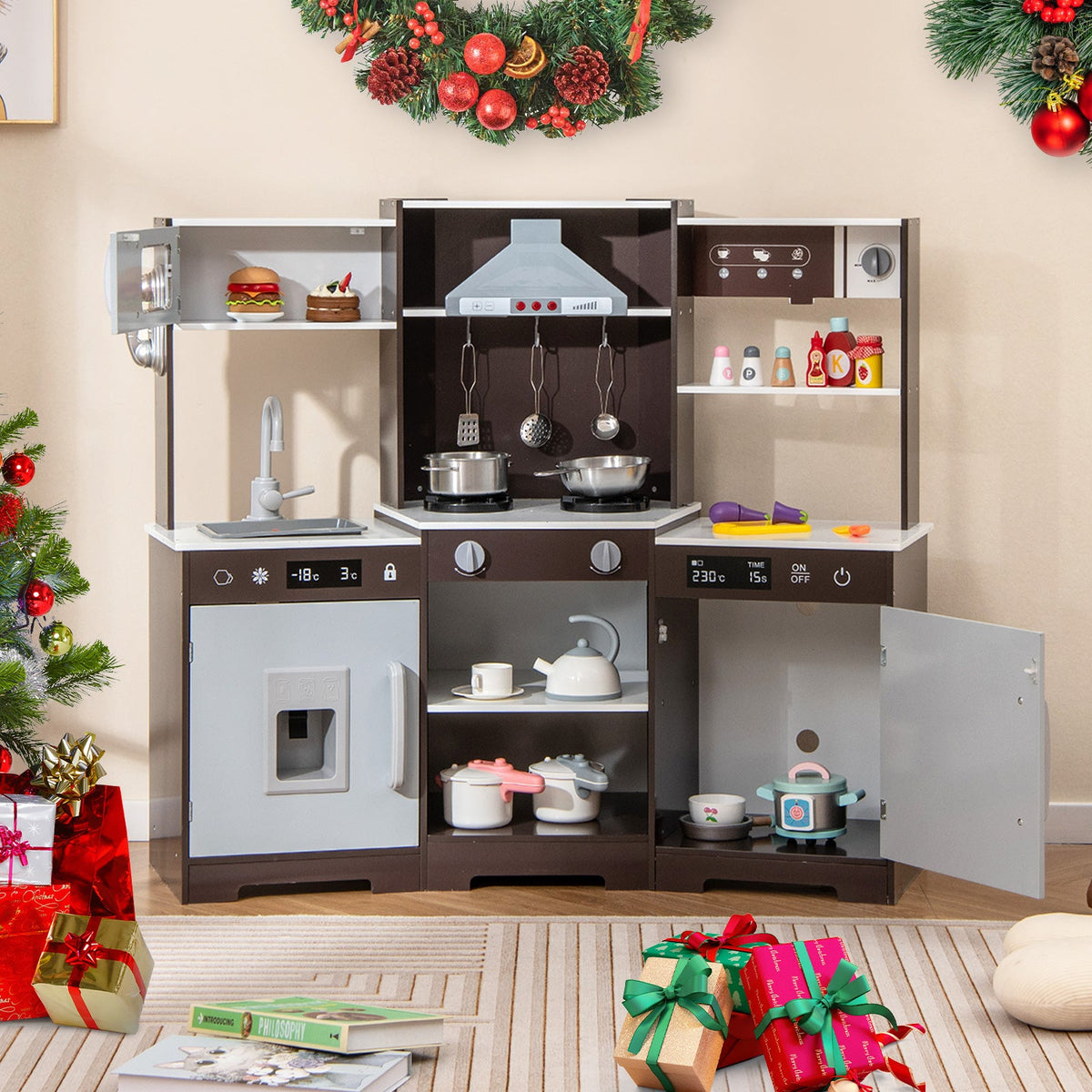 Wooden Pretend Play Kitchen with Real Sounds and Lights-White