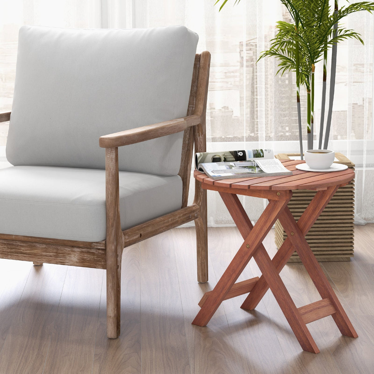 Wooden Side Table with Slatted Tabletop and Sturdy X-shaped Frame-C