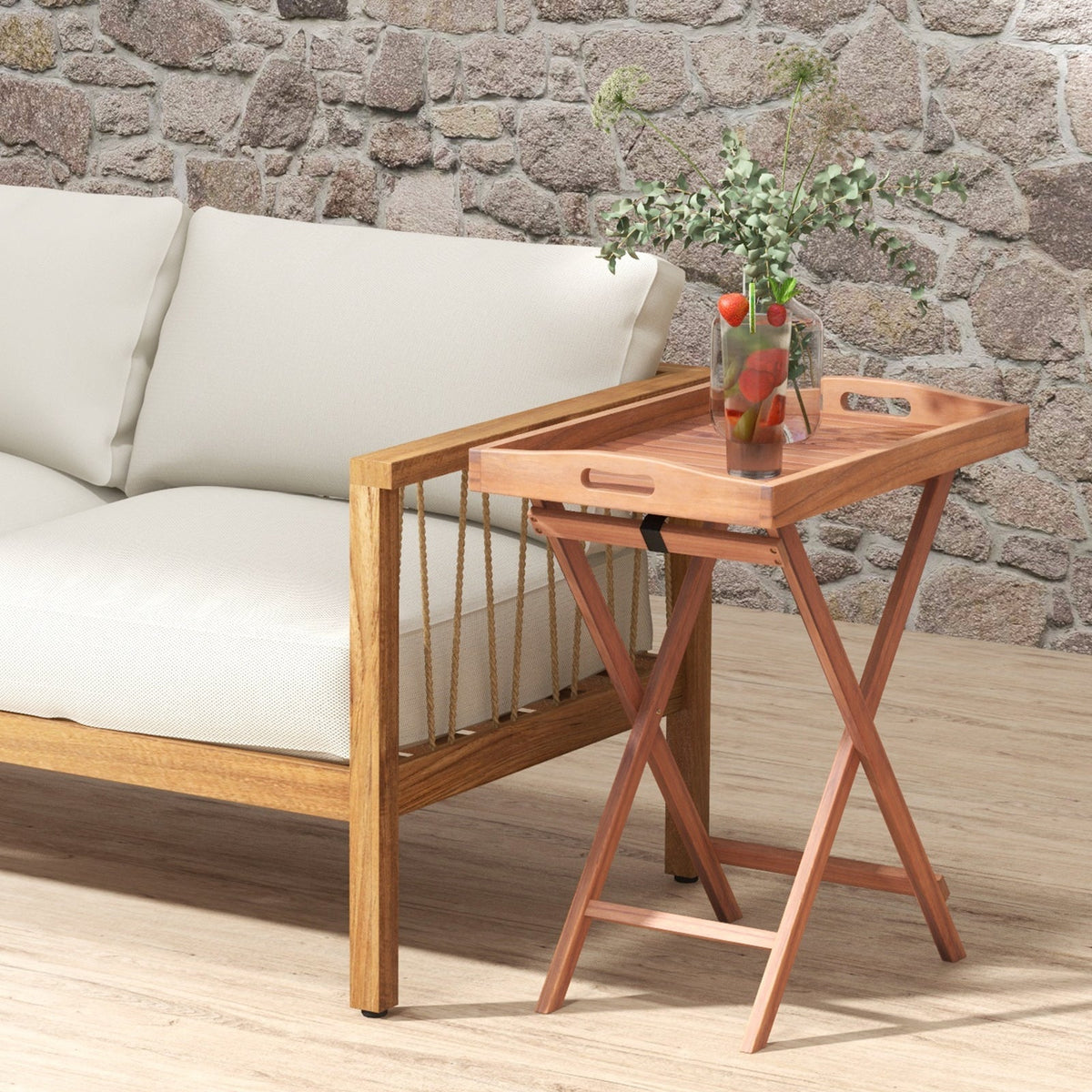 Wooden Side Table with Slatted Tabletop and Sturdy X-shaped Frame-C