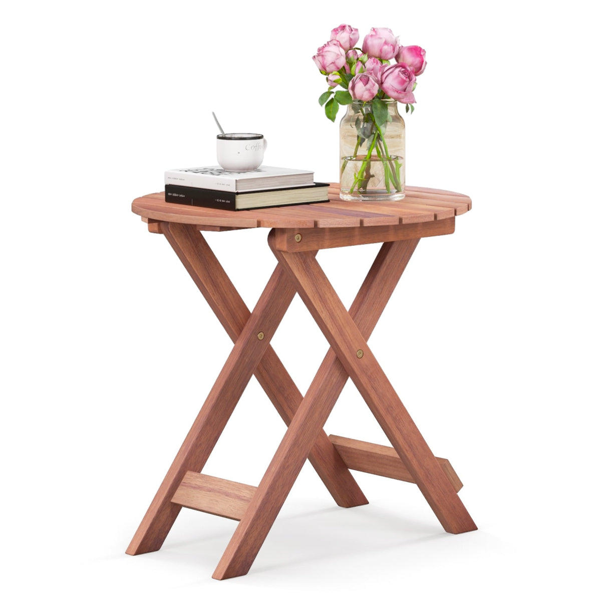 Wooden Side Table with Slatted Tabletop and Sturdy X-shaped Frame-C