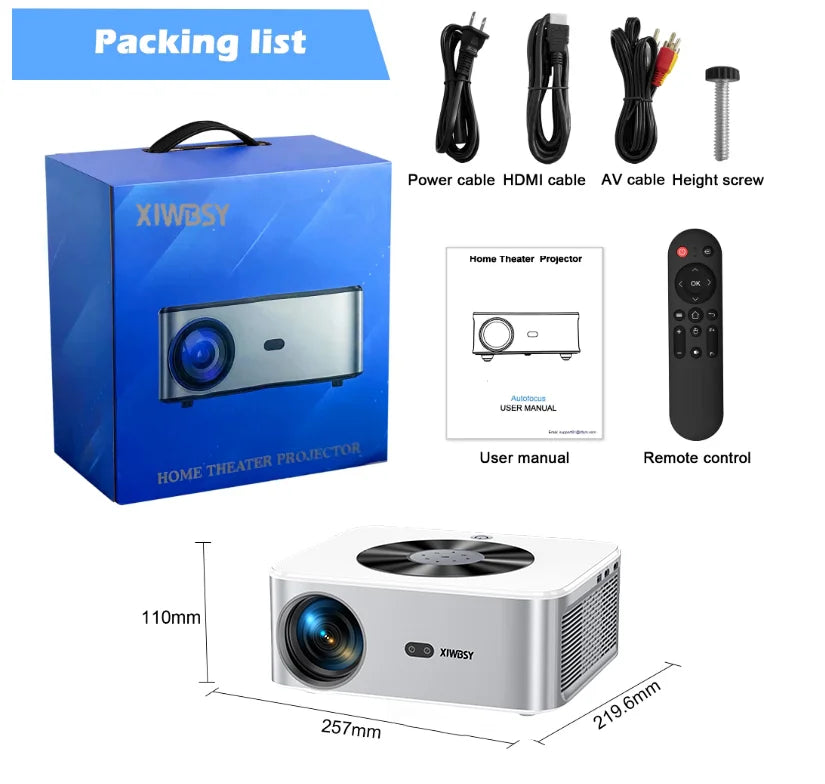 XIWBSY Full HD Android 8K Projector 1000 ANSI 1080P WiFi Bluetooth Auto Focus