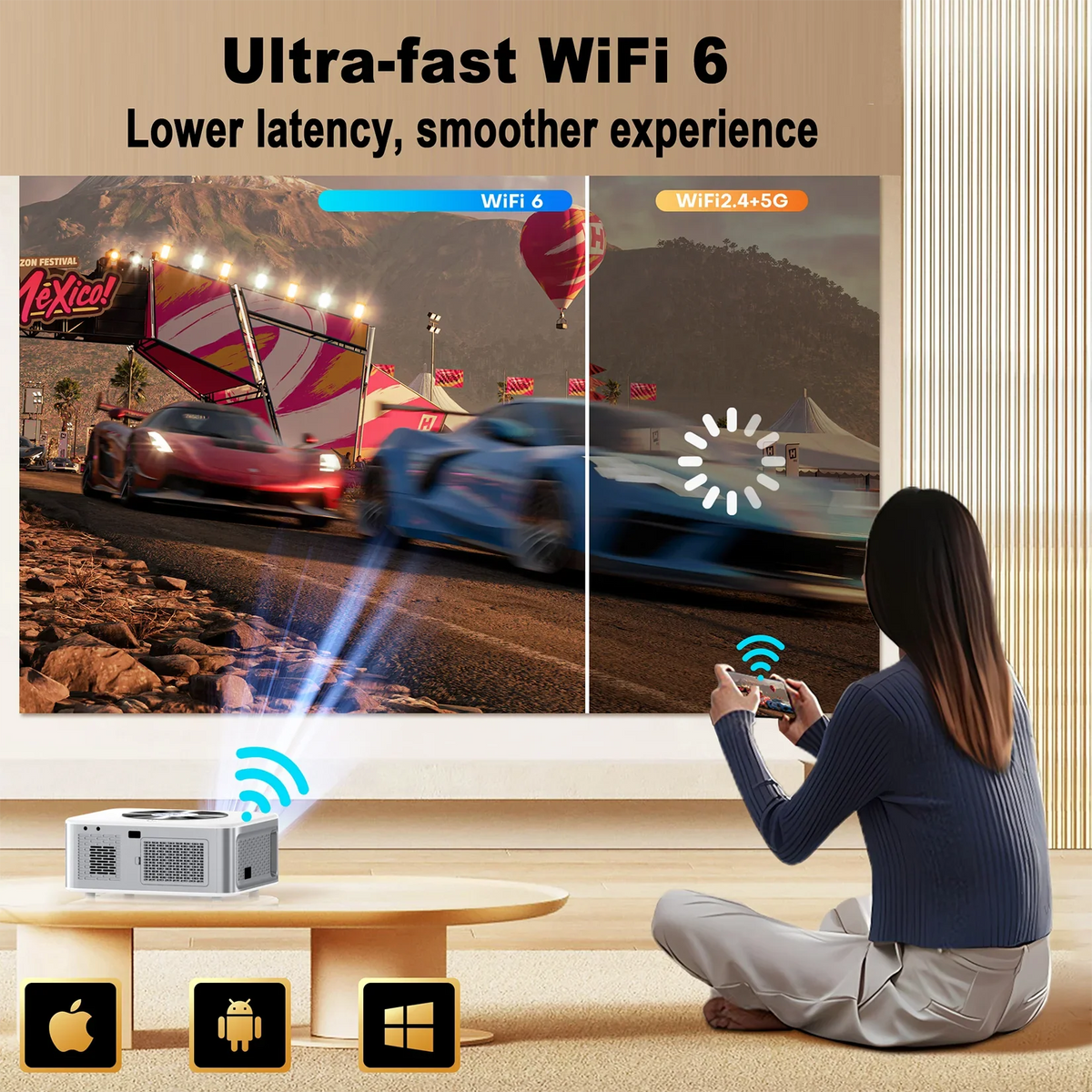 XIWBSY Full HD Android 8K Projector 1000 ANSI 1080P WiFi Bluetooth Auto Focus