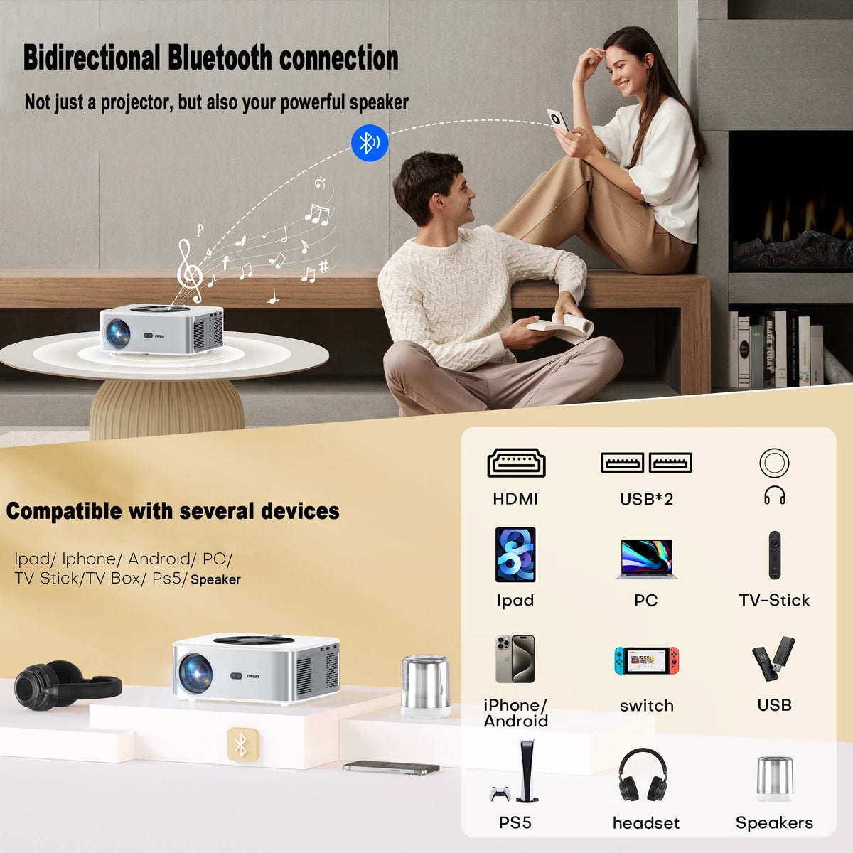 XIWBSY Full HD Android 8K Projector 1000 ANSI 1080P WiFi Bluetooth Auto Focus