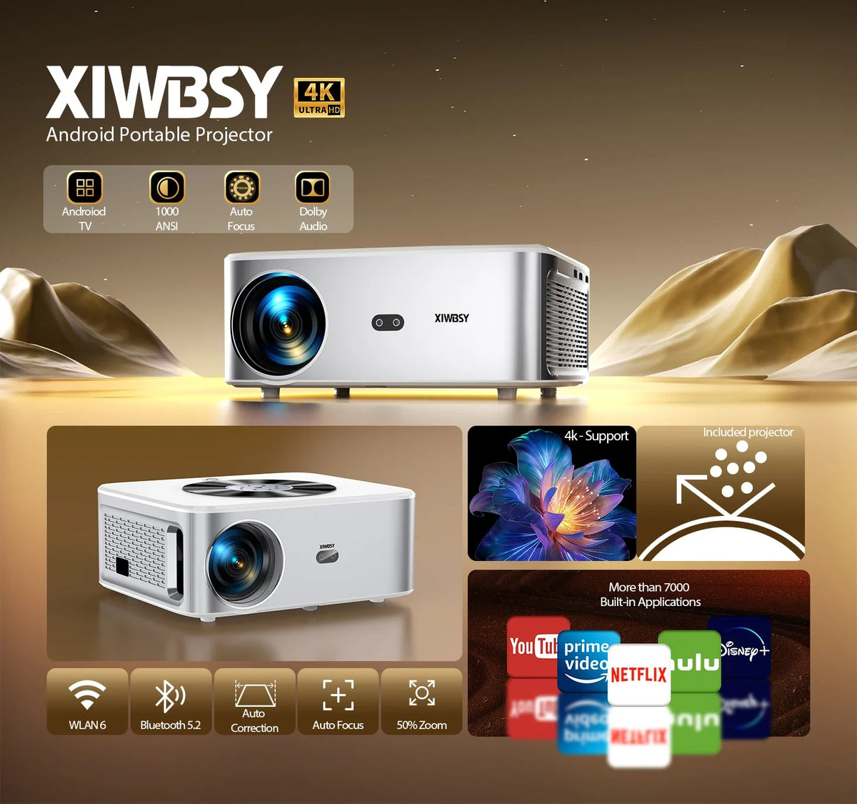 XIWBSY Full HD Android 8K Projector 1000 ANSI 1080P WiFi Bluetooth Auto Focus