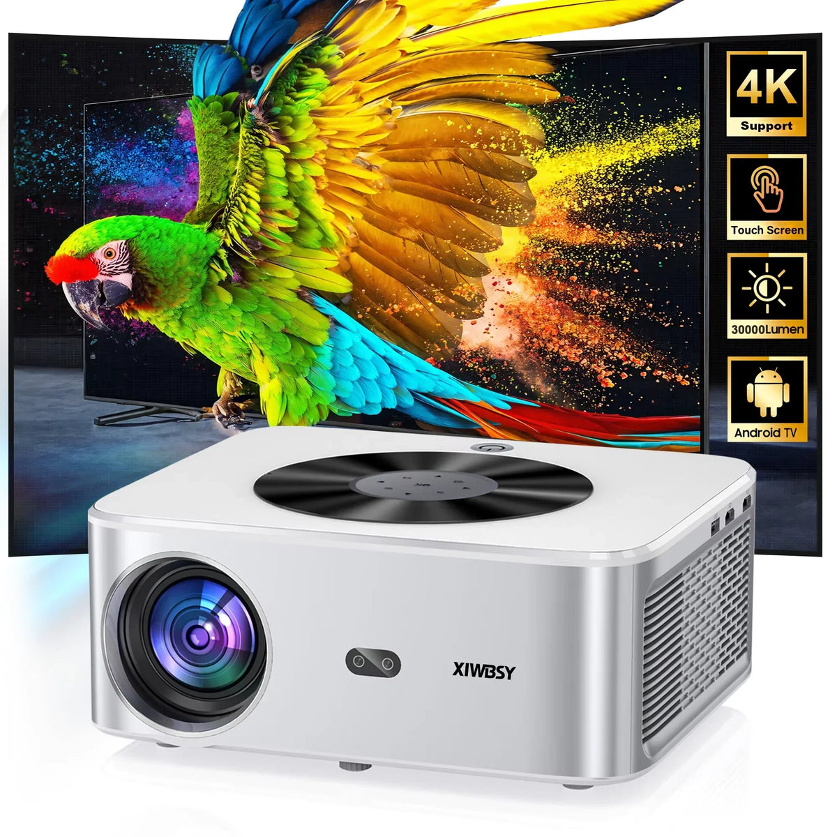 XIWBSY Full HD Android 8K Projector 1000 ANSI 1080P WiFi Bluetooth Auto Focus