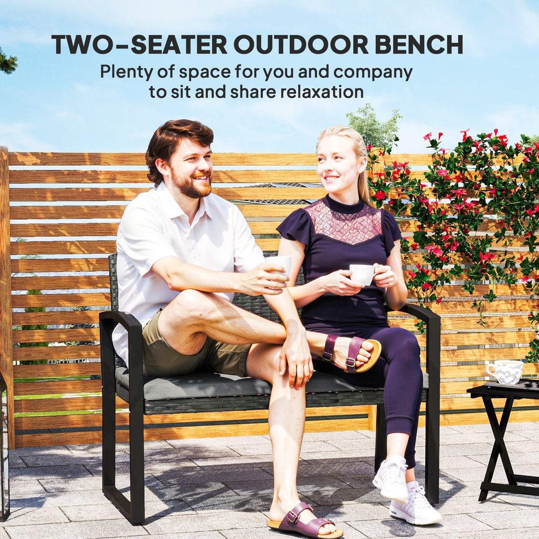Outsunny 2 Seater Rattan Garden Bench with Cushion, Steel Frame