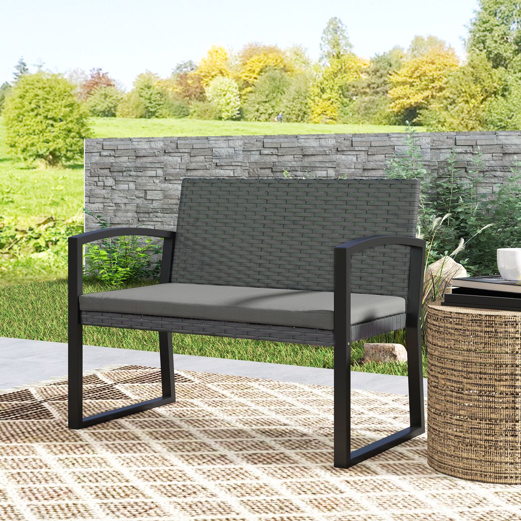 Outsunny 2 Seater Rattan Garden Bench with Cushion, Steel Frame
