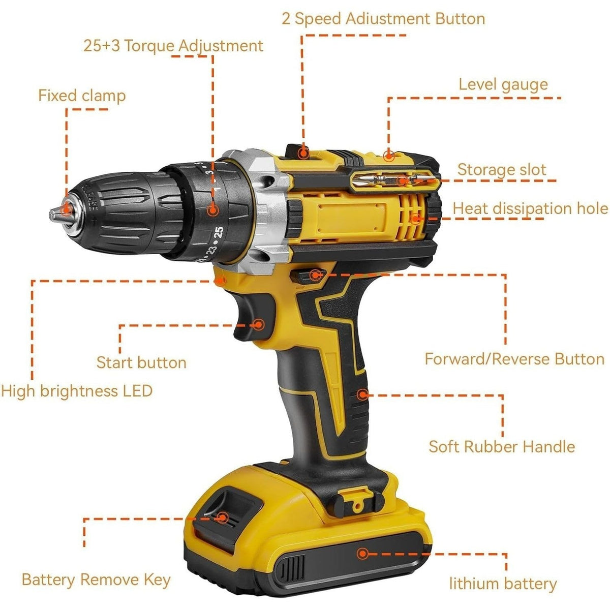 21V Cordless Drill Driver Set Brushless 2-Speed Yellow with Case 2 Batteries DIY Tool