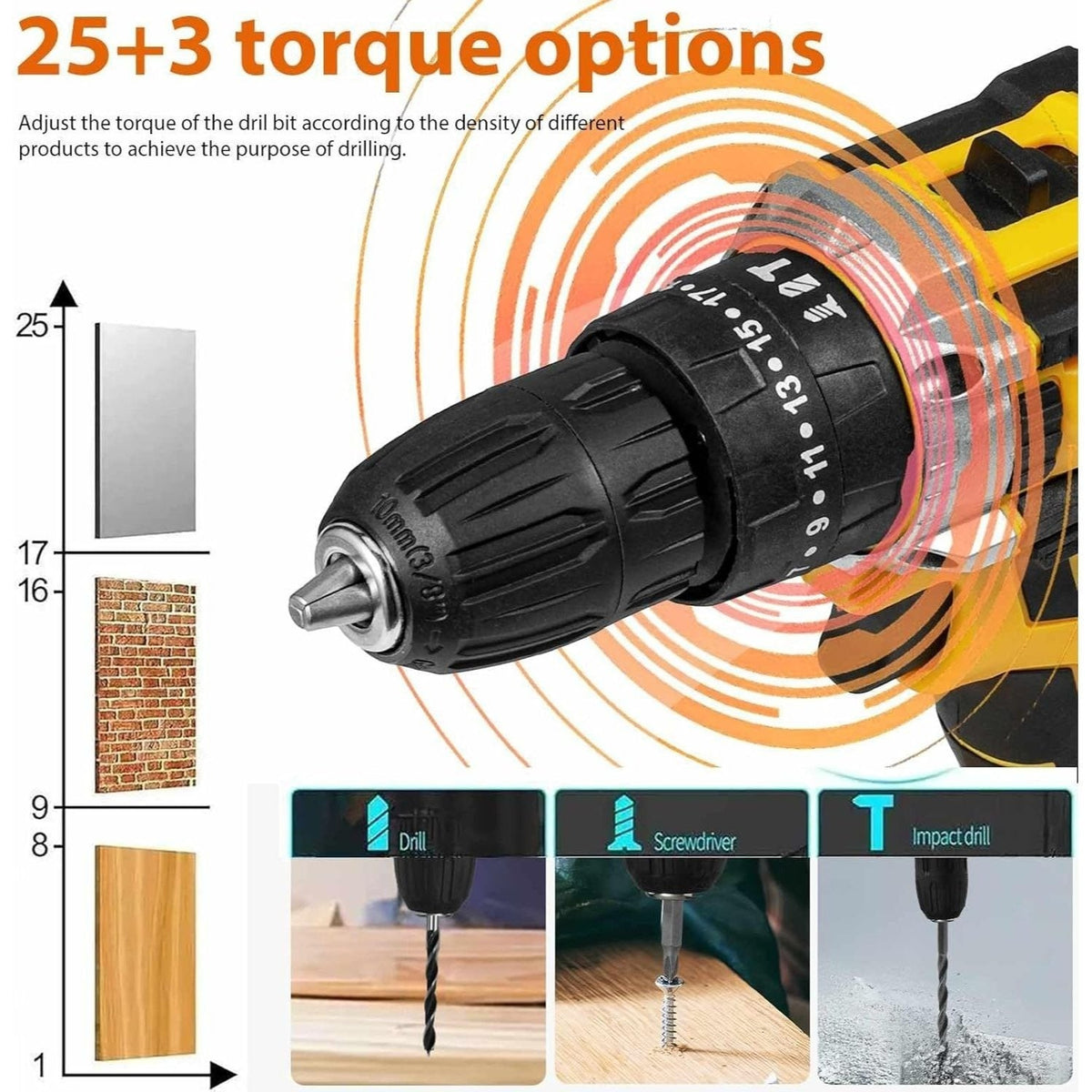 21V Cordless Drill Driver Set Brushless 2-Speed Yellow with Case 2 Batteries DIY Tool
