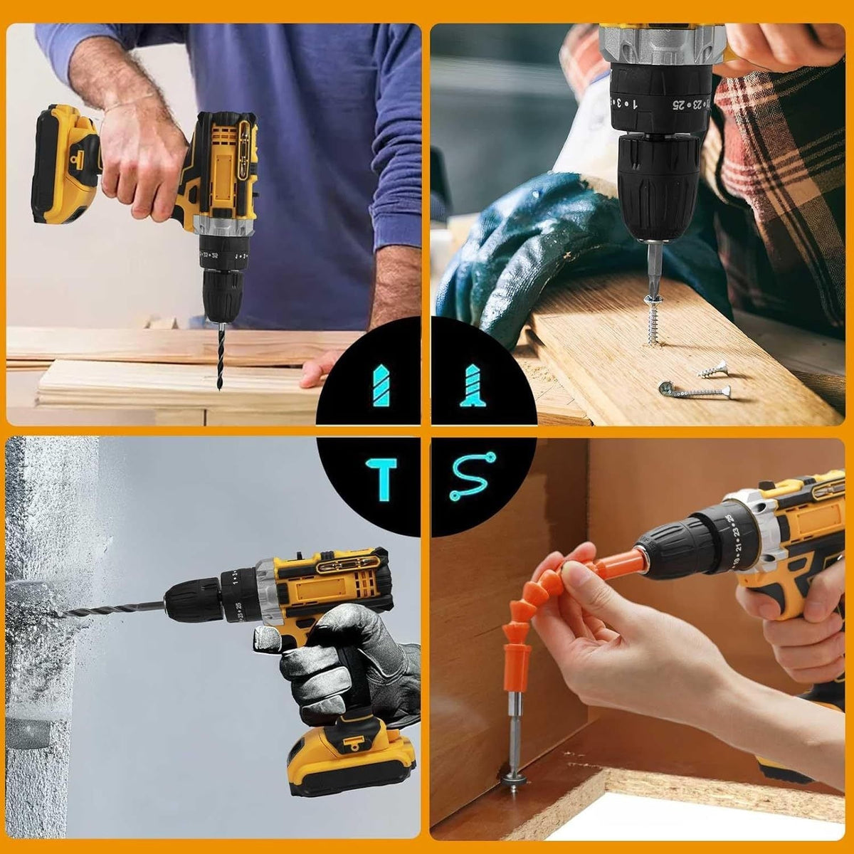 21V Cordless Drill Driver Set Brushless 2-Speed Yellow with Case 2 Batteries DIY Tool