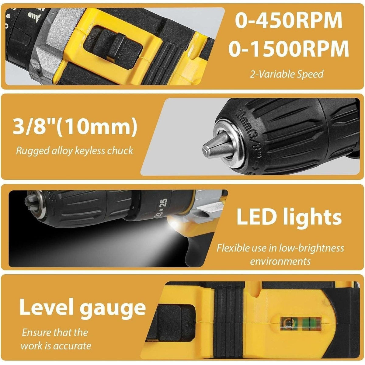 21V Cordless Drill Driver Set Brushless 2-Speed Yellow with Case 2 Batteries DIY Tool