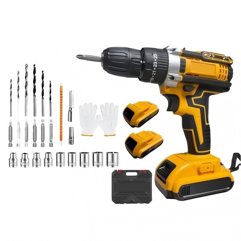 21V Cordless Drill Driver Set Brushless 2-Speed Yellow with Case 2 Batteries DIY Tool