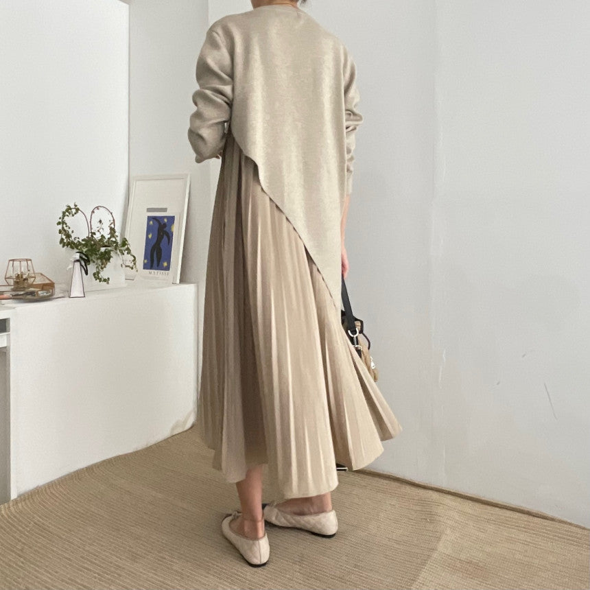 Autumn Elegance Retro Round Neck Irregular Design Loose Casual Patchwork Pleated Dress Women